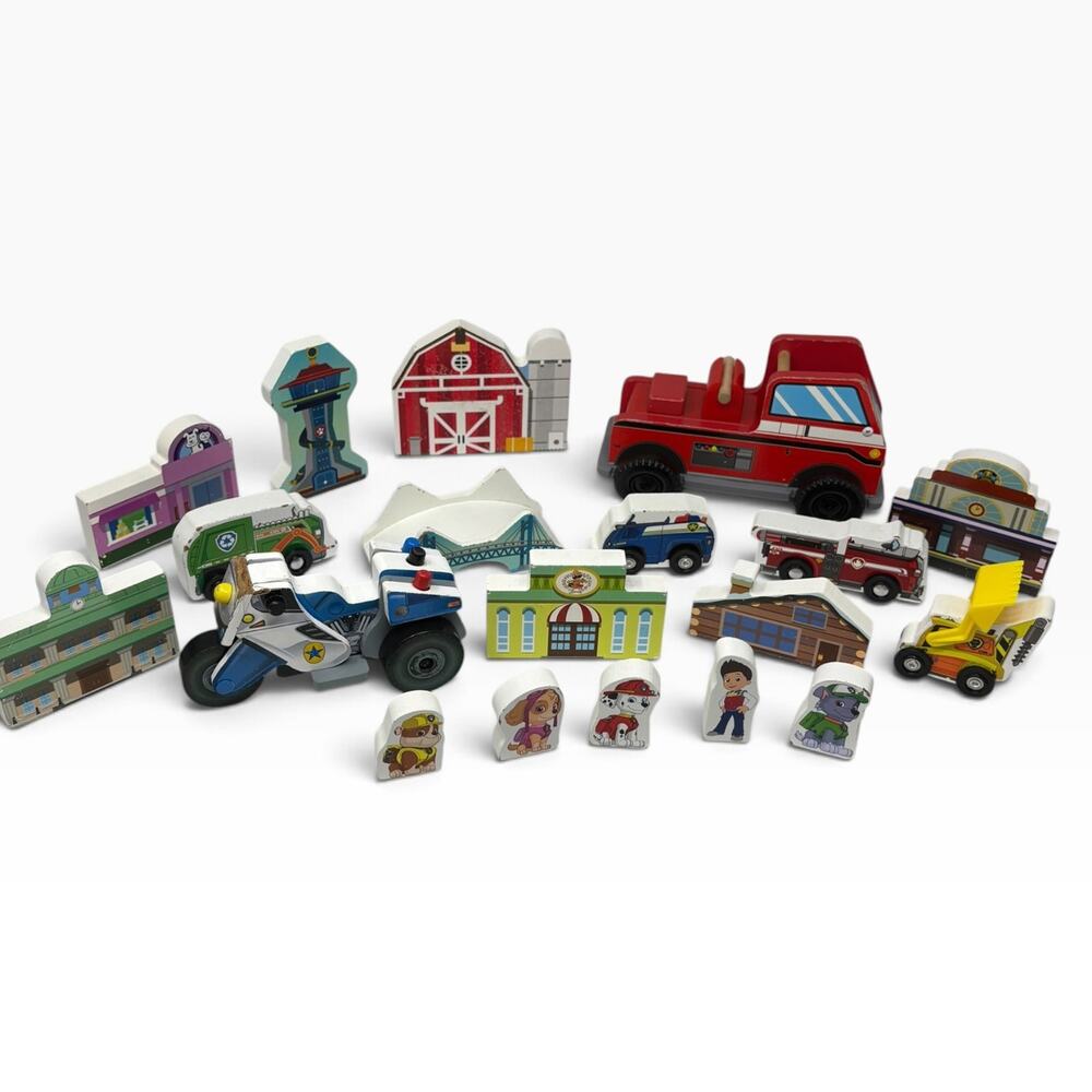 Melissa & Doug PAW Patrol Wooden Playset 19 Pc Set Houses Chase Skye Ryder Cars